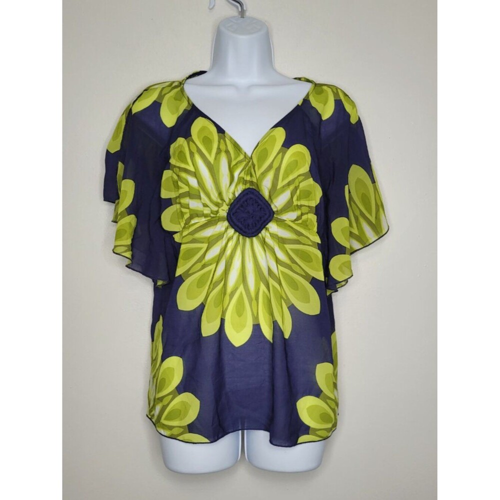 HeartSoul green blue flower print dolman sleeve flowy semi sheer top size med